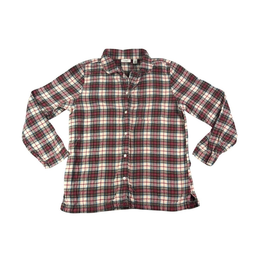 L.L.Bean Womens Plaid Flannel Button Up Shirt Red Blue White Size M Regular
